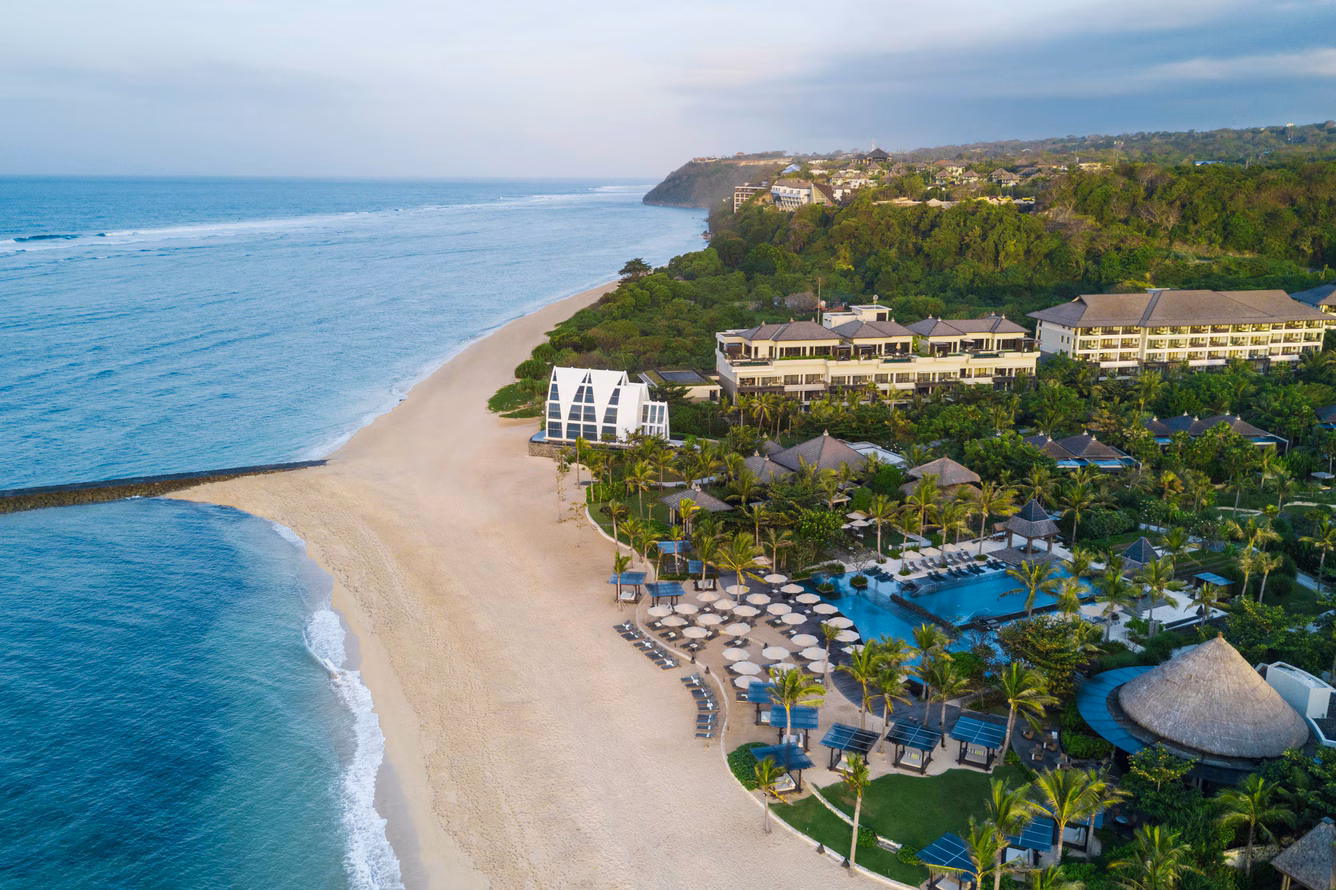 Clifftop villas and white sand beach at The Ritz Carlton Bali in Nusa Dua