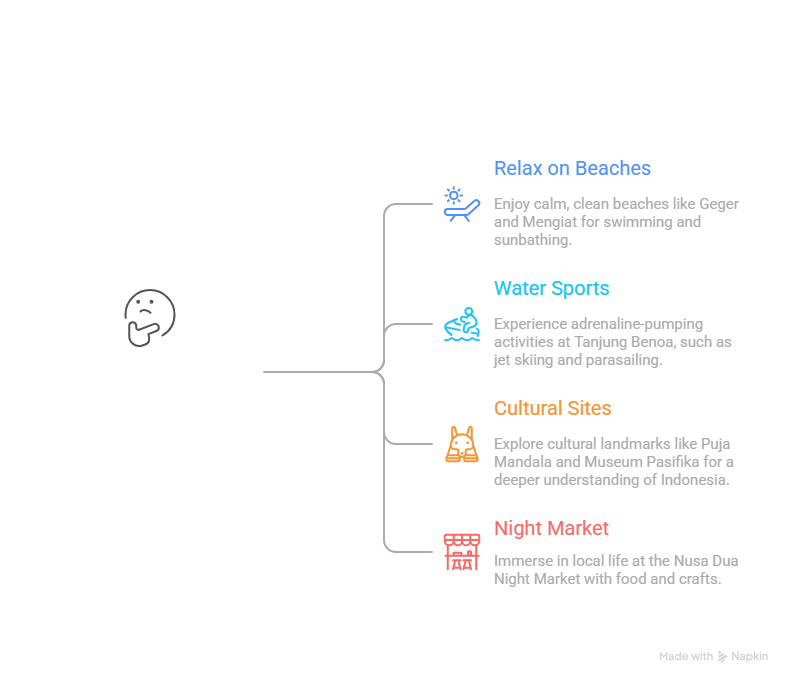 Infographic listing top things to do in Nusa Dua Bali including relaxing on beaches, water sports at Tanjung Benoa, visiting cultural sites like Puja Mandala and Museum Pasifika, and exploring Nusa Dua Night Market