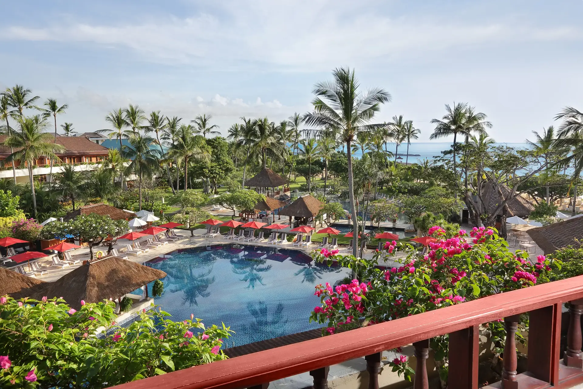 Aerial view of the pool, tropical gardens and beachfront at Nusa Dua Beach Hotel & Spa in Bali